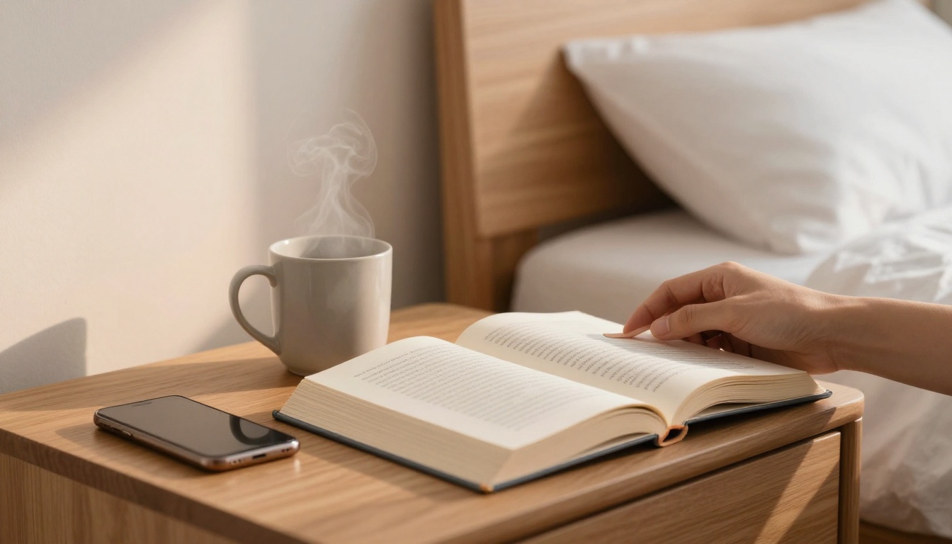 A hand turns the page of an open book on a wooden nightstand. A steaming mug and a smartphone are beside the book, with a bed in the background.