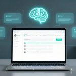 A laptop displaying a chat interface on a desk, with glowing icons and a brain labeled "AI" above. The background is blurred.