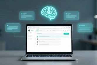 A laptop displaying a chat interface on a desk, with glowing icons and a brain labeled "AI" above. The background is blurred.