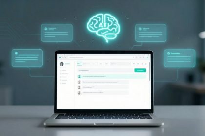 A laptop displaying a chat interface on a desk, with glowing icons and a brain labeled "AI" above. The background is blurred.