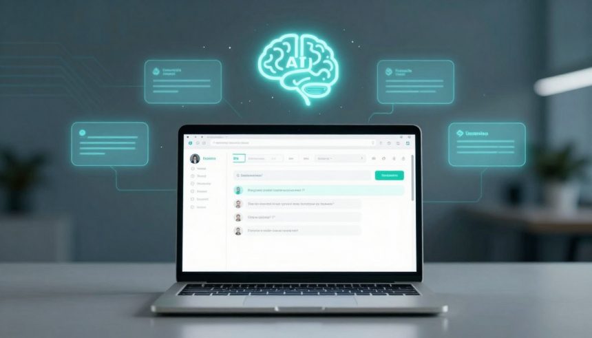A laptop displaying a chat interface on a desk, with glowing icons and a brain labeled "AI" above. The background is blurred.