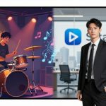 The image is split into two scenes. On the left, an animated character plays drums under stage lights with colorful musical notes around. On the right, a man in a black suit stands in an office with "Startup" on the glass wall.