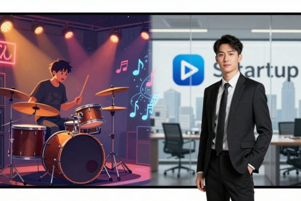 The image is split into two scenes. On the left, an animated character plays drums under stage lights with colorful musical notes around. On the right, a man in a black suit stands in an office with "Startup" on the glass wall.