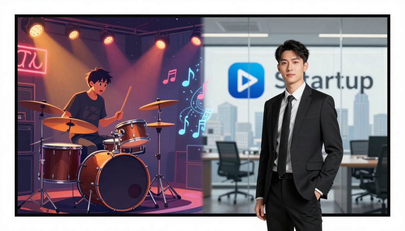 The image is split into two scenes. On the left, an animated character plays drums under stage lights with colorful musical notes around. On the right, a man in a black suit stands in an office with "Startup" on the glass wall.