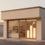 A small, beige storefront with large windows displaying illuminated bar charts and an upward arrow. Shelves inside hold various products.