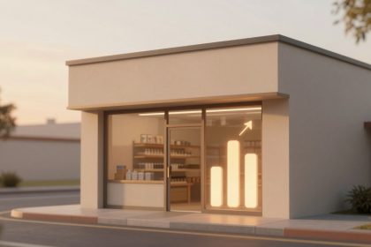 A small, beige storefront with large windows displaying illuminated bar charts and an upward arrow. Shelves inside hold various products.