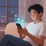 A person with dark hair sits on a couch, using a smartphone. Blue digital icons, including hearts, float above the screen. The room is softly lit with a cityscape visible through the window.