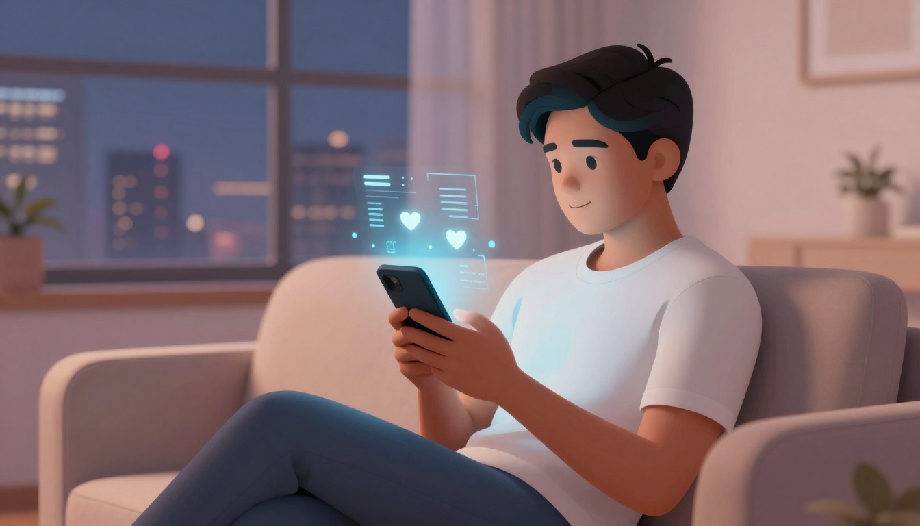 A person with dark hair sits on a couch, using a smartphone. Blue digital icons, including hearts, float above the screen. The room is softly lit with a cityscape visible through the window.