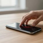 A hand swipes across a smartphone screen displaying a red line, placed on a wooden table near a window.