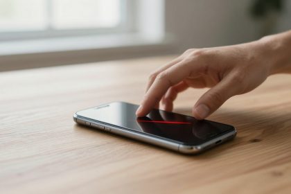 A hand swipes across a smartphone screen displaying a red line, placed on a wooden table near a window.