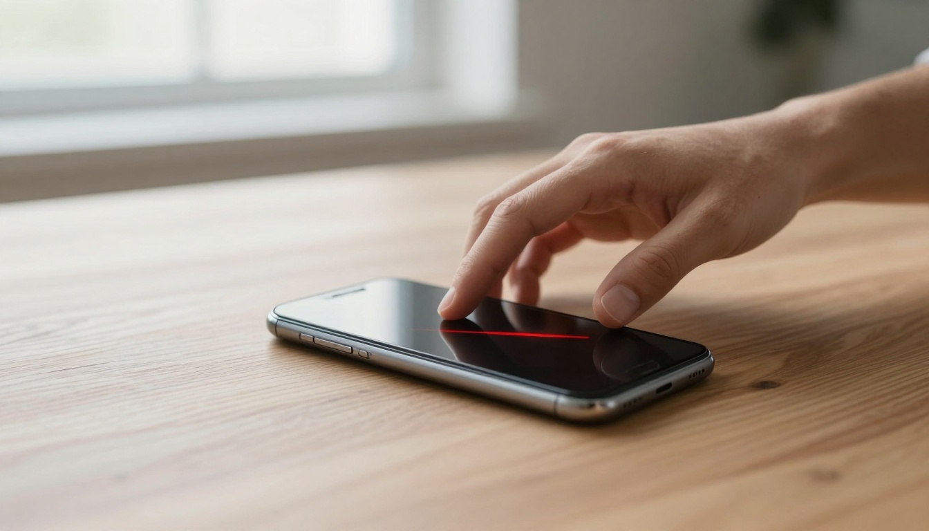 A hand swipes across a smartphone screen displaying a red line, placed on a wooden table near a window.
