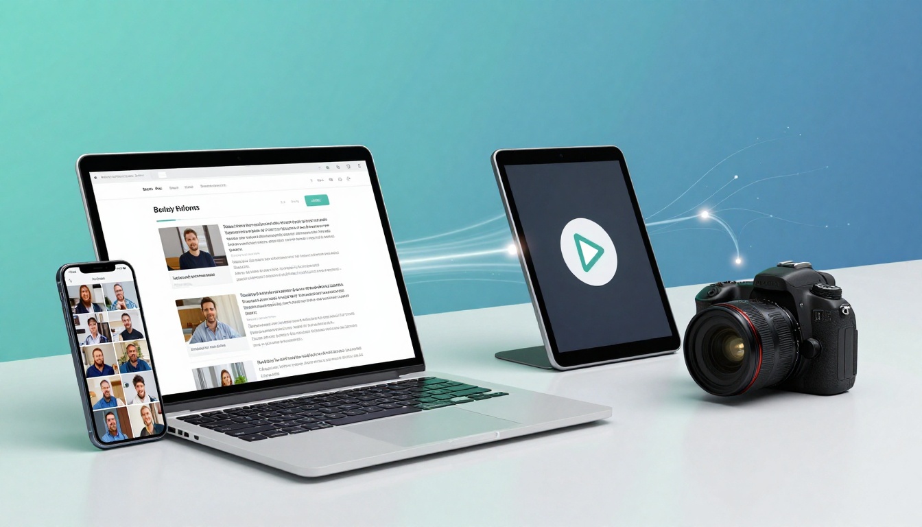 Smartphone, laptop, tablet, and DSLR camera on a white surface. Laptop shows a website, smartphone displays video calls, tablet has a play icon. Turquoise background with light streaks.