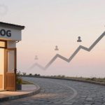 A building labeled "BLOG" with an open door next to a curved stone path. A rising arrow graph with user icons is overlaid in the sky.