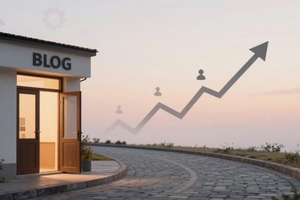 A building labeled "BLOG" with an open door next to a curved stone path. A rising arrow graph with user icons is overlaid in the sky.