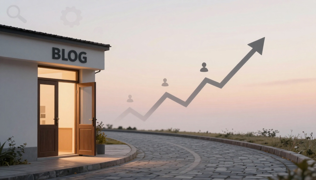 A building labeled "BLOG" with an open door next to a curved stone path. A rising arrow graph with user icons is overlaid in the sky.