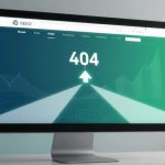 A computer monitor displaying a "404" error page with an upward arrow on a green background. A line graph is faintly visible. The setting includes a desk with a mouse and a blurred plant in the background.