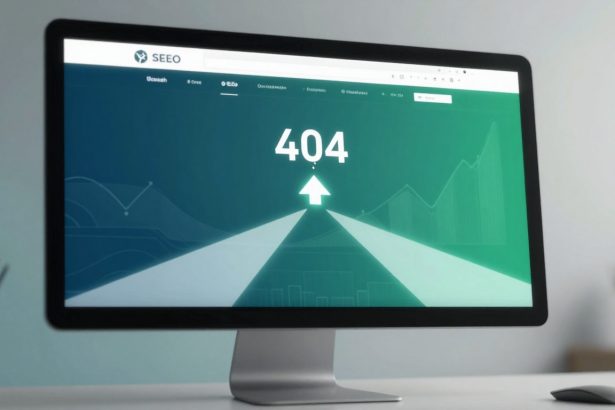 A computer monitor displaying a "404" error page with an upward arrow on a green background. A line graph is faintly visible. The setting includes a desk with a mouse and a blurred plant in the background.