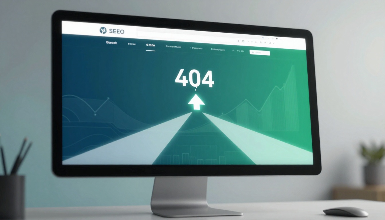 A computer monitor displaying a "404" error page with an upward arrow on a green background. A line graph is faintly visible. The setting includes a desk with a mouse and a blurred plant in the background.