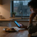 A person with curly hair looks at a smartphone in a dimly lit kitchen. A plate of food and a cup are on the wooden table. A window shows rain outside.