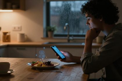 A person with curly hair looks at a smartphone in a dimly lit kitchen. A plate of food and a cup are on the wooden table. A window shows rain outside.