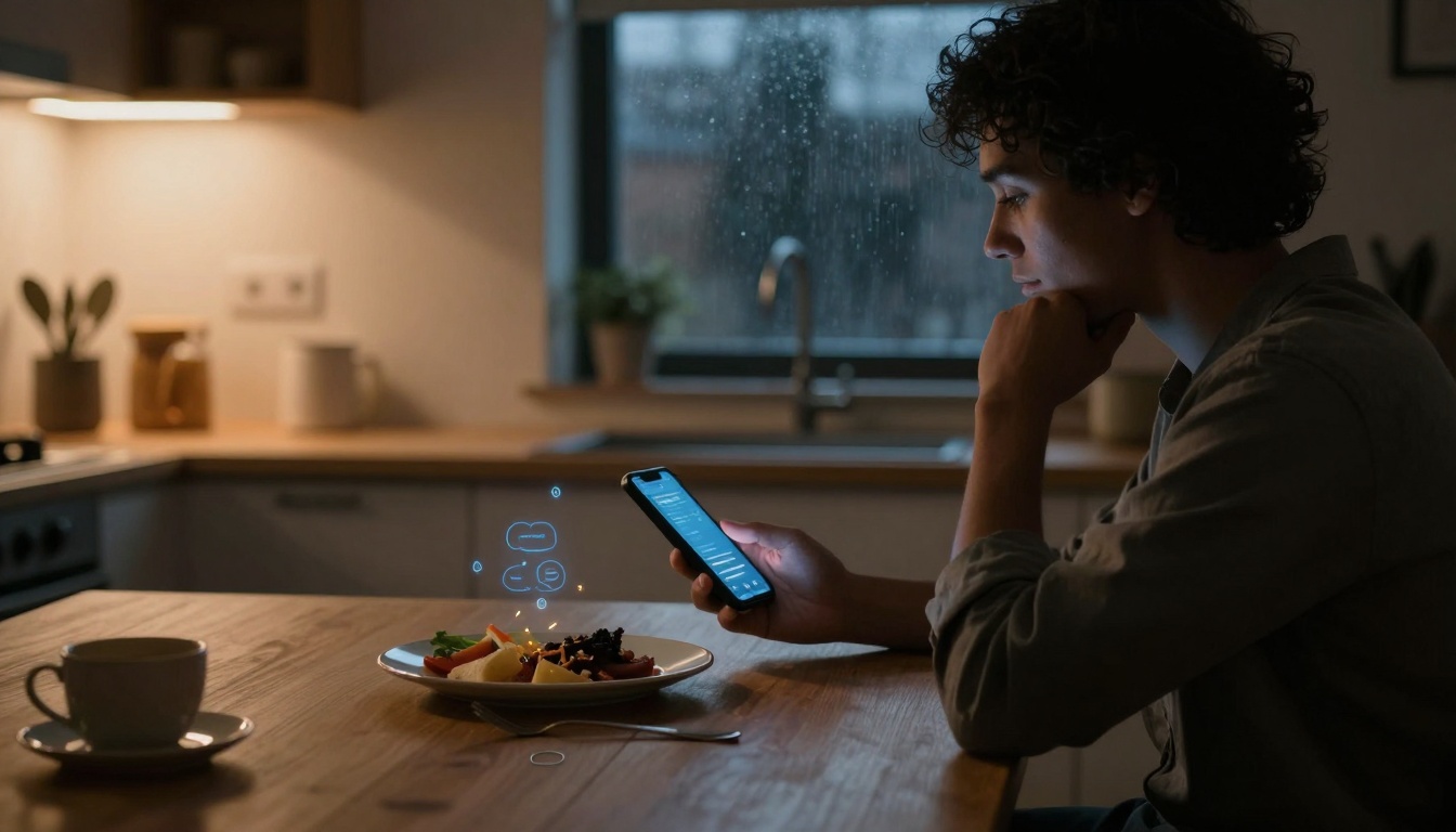 A person with curly hair looks at a smartphone in a dimly lit kitchen. A plate of food and a cup are on the wooden table. A window shows rain outside.