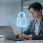 A person in a suit works on a laptop at a desk, with a smartphone nearby. A digital lock icon with circuit patterns overlays the image, indicating cybersecurity. A blurred British flag is in the background.