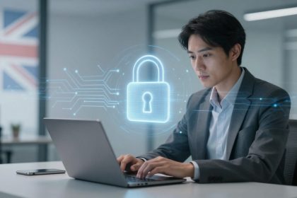 A person in a suit works on a laptop at a desk, with a smartphone nearby. A digital lock icon with circuit patterns overlays the image, indicating cybersecurity. A blurred British flag is in the background.