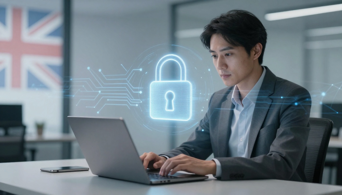 A person in a suit works on a laptop at a desk, with a smartphone nearby. A digital lock icon with circuit patterns overlays the image, indicating cybersecurity. A blurred British flag is in the background.