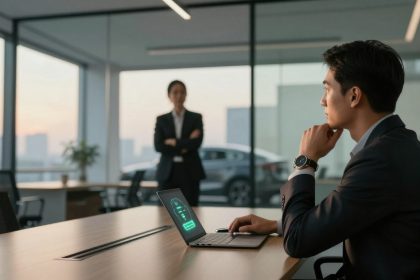 A man in a suit sits at a conference table in an office, looking at a laptop with a holographic display. Another person stands in the background with arms crossed. Large windows show a cityscape at dusk.