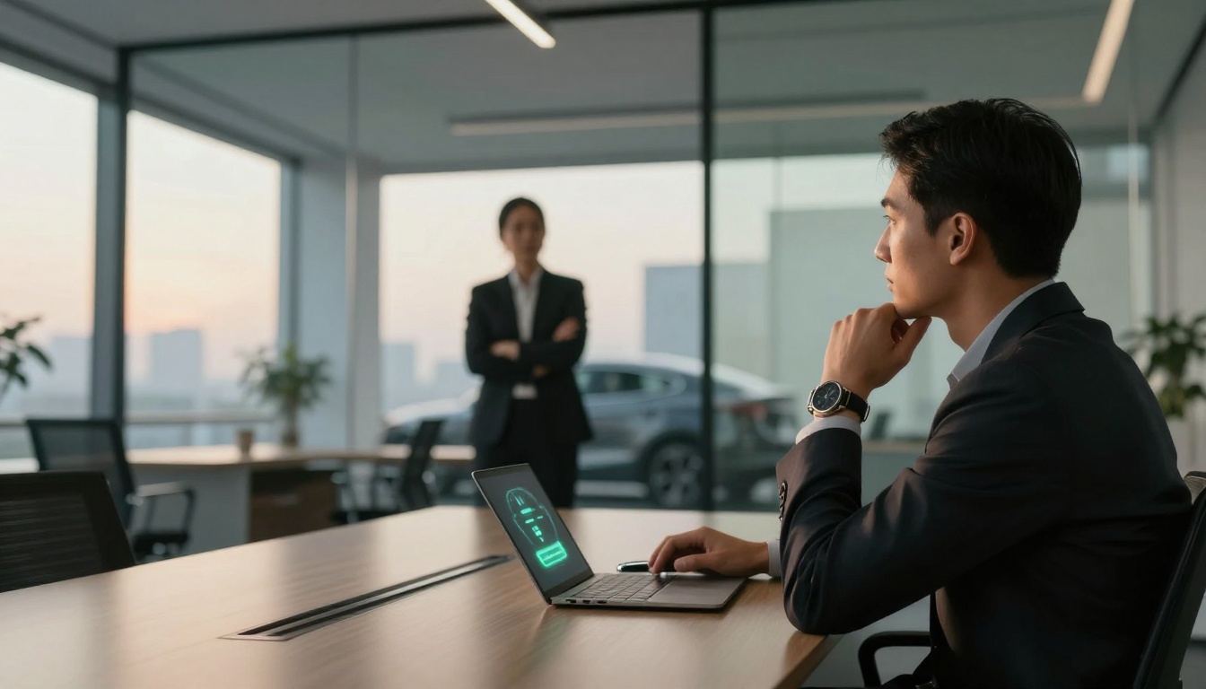 A man in a suit sits at a conference table in an office, looking at a laptop with a holographic display. Another person stands in the background with arms crossed. Large windows show a cityscape at dusk.