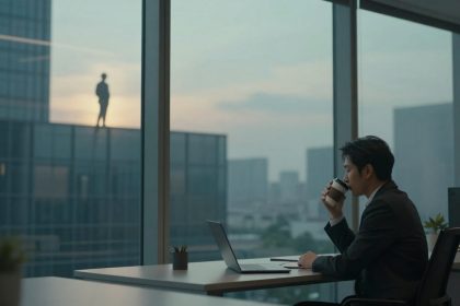 A person in a suit sits in an office, drinking from a cup and looking at a laptop. Large windows reveal a cityscape and a silhouette of a person on a rooftop at sunset.