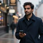 A man in a dark coat holds a smartphone while walking on a wet city street. Blurred lights and buildings are visible in the background.