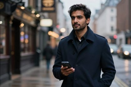 A man in a dark coat holds a smartphone while walking on a wet city street. Blurred lights and buildings are visible in the background.
