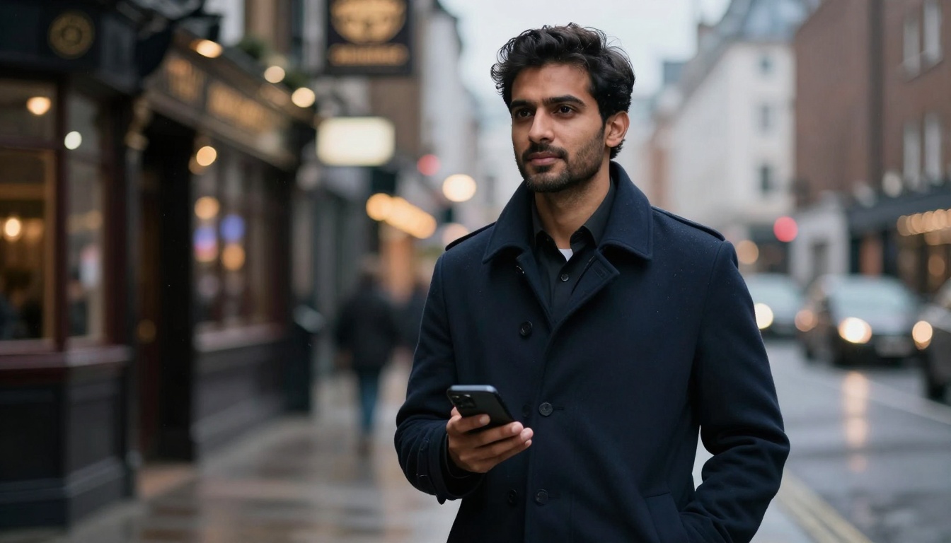 A man in a dark coat holds a smartphone while walking on a wet city street. Blurred lights and buildings are visible in the background.