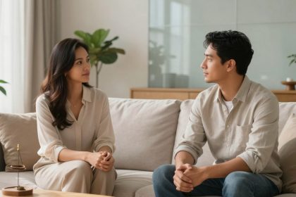A man and woman sit on a beige couch facing each other, engaged in conversation. Both wear light-colored shirts. The room has potted plants and soft lighting.