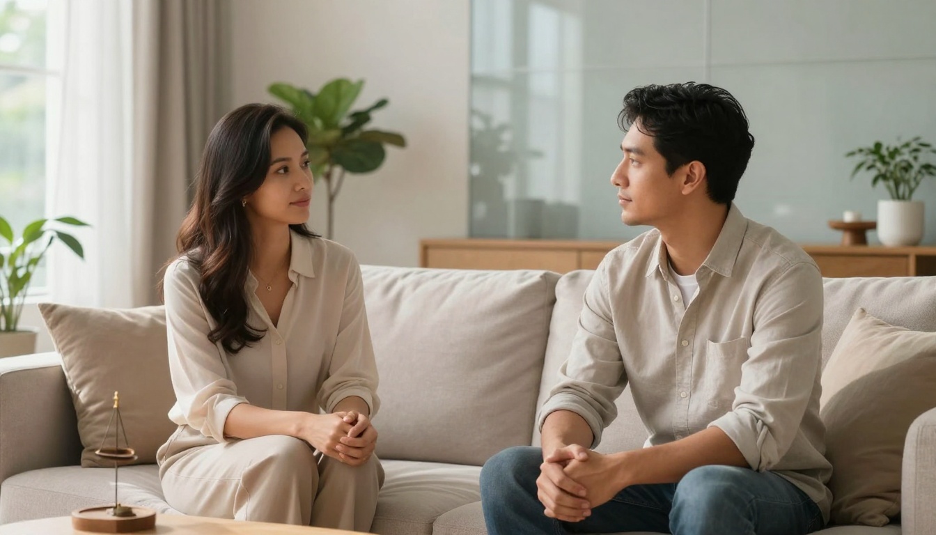 A man and woman sit on a beige couch facing each other, engaged in conversation. Both wear light-colored shirts. The room has potted plants and soft lighting.