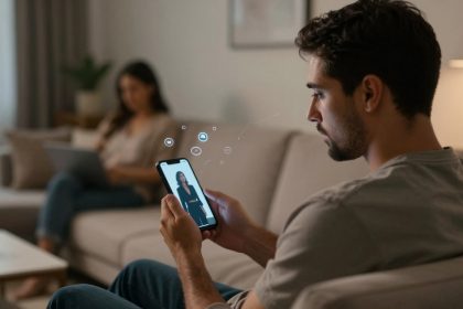 A man sitting on a beige sofa looks at a smartphone displaying a woman in a black outfit. A woman in the background uses a laptop. The room is softly lit with a lamp and curtains.