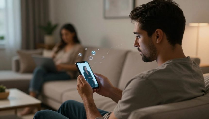 A man sitting on a beige sofa looks at a smartphone displaying a woman in a black outfit. A woman in the background uses a laptop. The room is softly lit with a lamp and curtains.