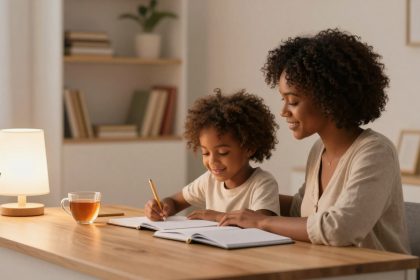A woman and child sit at a wooden table, smiling and writing in a notebook. A lit lamp and a cup of tea are on the table. Books and plants are in the background.