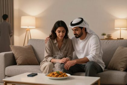 A man and a woman sit on a sofa, with the man gently hugging the woman. A steaming plate of food is on the coffee table. A phone is next to the plate. A person stands in the background near a lamp. The room is softly lit with neutral tones.