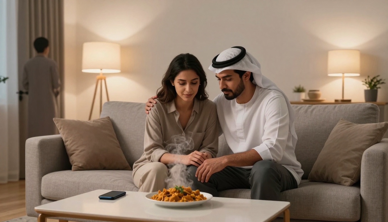 A man and a woman sit on a sofa, with the man gently hugging the woman. A steaming plate of food is on the coffee table. A phone is next to the plate. A person stands in the background near a lamp. The room is softly lit with neutral tones.