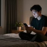 A person sits cross-legged on a bed in a dimly lit room, looking at a smartphone. A plant is on the nightstand, and city lights are visible through the window.