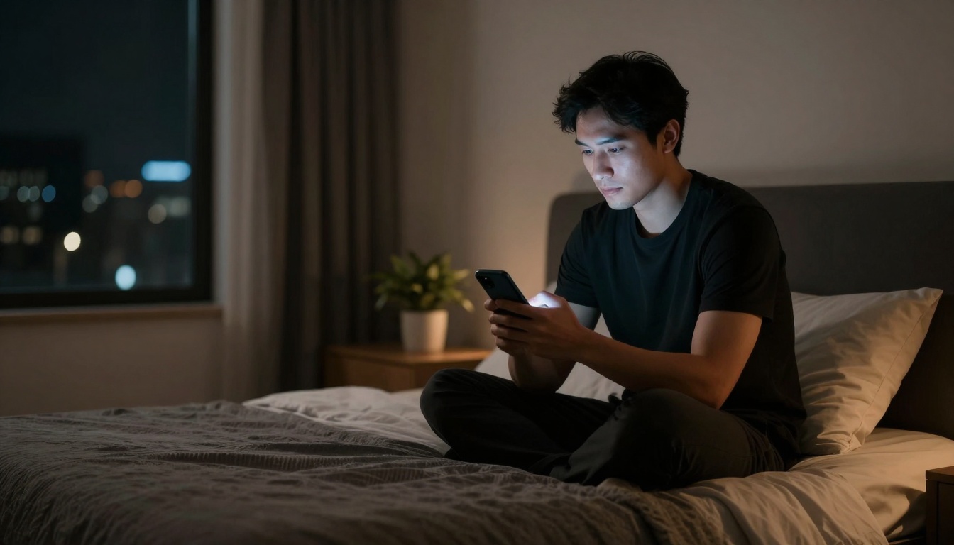 A person sits cross-legged on a bed in a dimly lit room, looking at a smartphone. A plant is on the nightstand, and city lights are visible through the window.