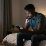 A man sits on a bed in a dimly lit room, focused on his smartphone. He wears a gray T-shirt and jeans. A window shows city lights outside.