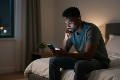 A man sits on a bed in a dimly lit room, focused on his smartphone. He wears a gray T-shirt and jeans. A window shows city lights outside.