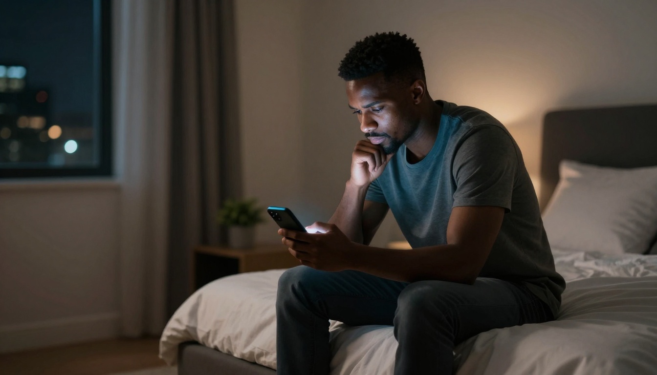 A man sits on a bed in a dimly lit room, focused on his smartphone. He wears a gray T-shirt and jeans. A window shows city lights outside.