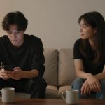 A man and woman sit on a beige couch. The man, in a black shirt, looks at his phone. The woman, also in black, looks at him. Two mugs are on the wooden table in front of them. A lit lamp and plant are in the background.