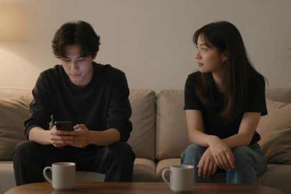 A man and woman sit on a beige couch. The man, in a black shirt, looks at his phone. The woman, also in black, looks at him. Two mugs are on the wooden table in front of them. A lit lamp and plant are in the background.