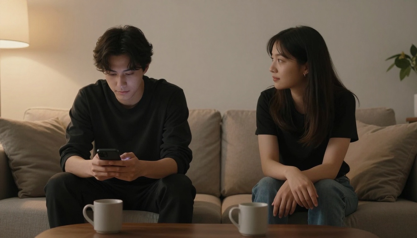 A man and woman sit on a beige couch. The man, in a black shirt, looks at his phone. The woman, also in black, looks at him. Two mugs are on the wooden table in front of them. A lit lamp and plant are in the background.