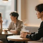 A person sits at a café table holding a steaming cup, gazing thoughtfully. In the background, a couple converses, slightly blurred.